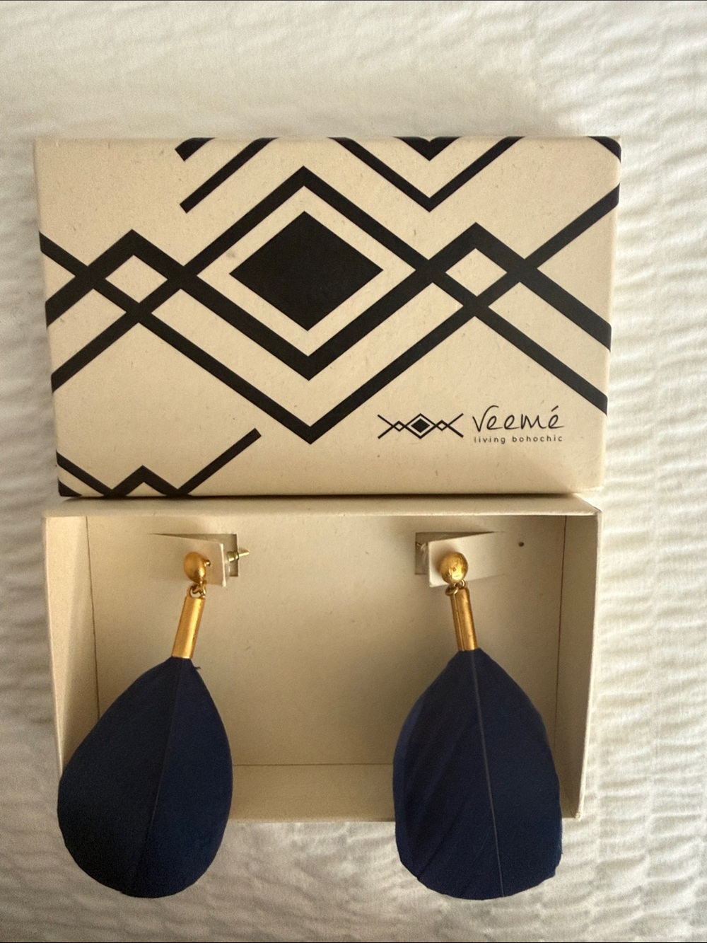 Veeme Navy Feather Drop Earrings with Gold Accents living boho chic
